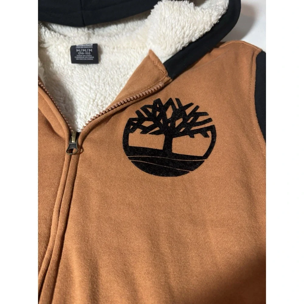 Timberland Full Zip Fleece Lined Pocket Hoodie Soft Brown/Black Youth Medium